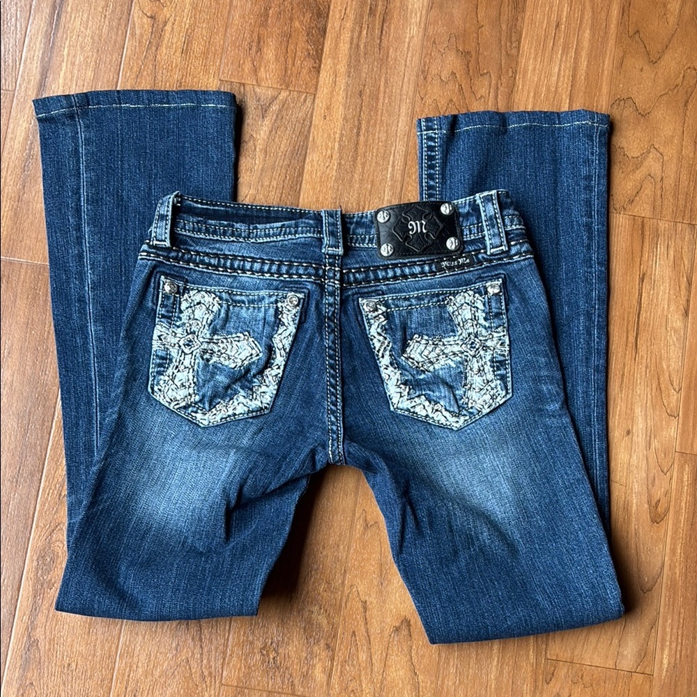 Miss Me Signature size 27 Blue Boot Cut Jeans with Embellished Pockets